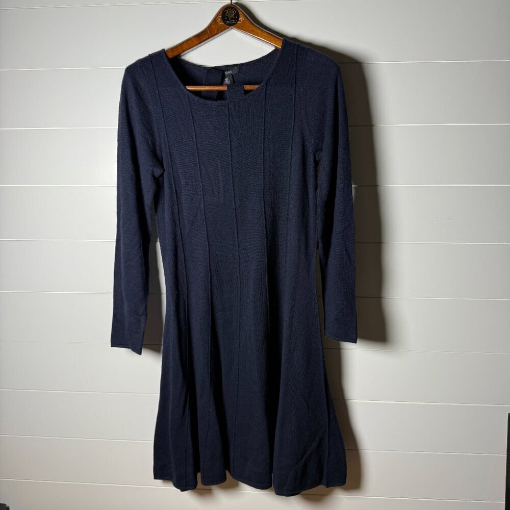 NWT Etcetera Sweater Knit Dress with Belt, Size Medium, Wool Blend Navy